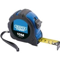 Blue and black Draper Expert measuring tape, 10m/33ft, with yellow tape and black wrist strap.
