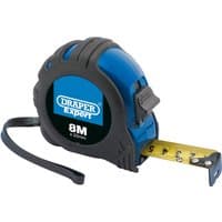 Blue and black Draper Expert measuring tape, 8m/26ft, with a yellow retractable blade and belt clip.