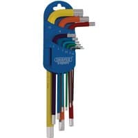 Colour-coded Draper Expert metric hex key set, 9 pieces with long arms in a blue holder.