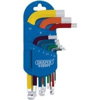 Color-coded Draper Expert 9-piece metric short arm ball end hex key set in a blue holder.