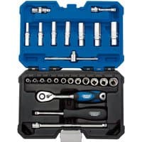 Blue Draper Expert socket set with 25 metric pieces in a black case, including ratchet and various sockets.
