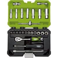 Green Draper Expert socket set with 25 metric pieces in a black and green case, featuring a ratchet and various sockets.