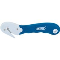Blue Draper Expert packaging cutter with ergonomic handle and white hooked blade.