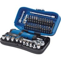 Draper Expert 39-piece socket and bit set in blue case, includes ratchet, sockets, and bits neatly organized.