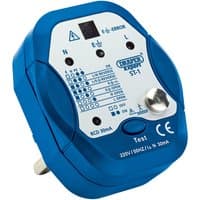 Blue Draper Expert socket tester with three-pin plug, white faceplate, and indicator lights for testing electrical sockets.