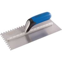 Draper Expert trowel with blue soft grip handle, 280mm notched stainless steel blade for adhesive spreading.