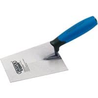Draper Expert 140mm bucket trowel with stainless steel blade and blue soft grip handle.