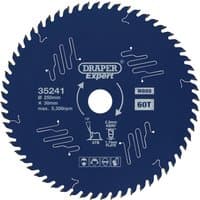Blue Draper Expert TCT circular saw blade for wood, 250x30mm, 60 teeth, with PTFE coating and printed specifications.