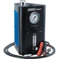 Black and blue Draper Expert smoke diagnostic machine with pressure gauge and attached hoses and clips.