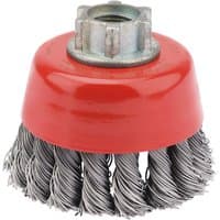 Red Draper Expert twist knot wire cup brush, 60mm, M14, with twisted steel bristles and metal threaded center.