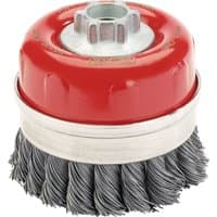 Red and silver Draper Expert wire cup brush, 80mm, with twist knot bristles and M14 threaded nut.