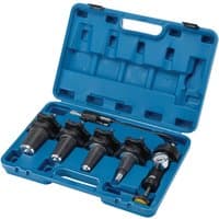 Blue Draper Expert cooling system pressure test kit with five black adapters in a molded carrying case.