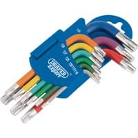 Draper Expert 9-piece colored TX-STAR key set with short arms, stored in a blue holder, each key a different color.
