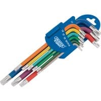 Draper TX-STAR metric long arm key set, 9 colored pieces in blue holder, each key a different color.