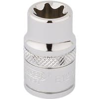 Silver Draper TX-STAR socket, 3/8" square drive, E12 size, with knurled grip and engraved branding.