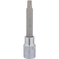 Draper TX-STAR socket bit, 1/2" square drive, T45 x 100mm, silver with a textured grip base and long hexagonal shaft.