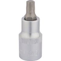 Silver Draper TX-STAR socket bit, 1/2" square drive, T45 x 55mm, with knurled grip and engraved markings.