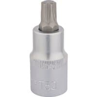 Silver Draper TX-STAR socket bit, 1/2" square drive, T50 x 55mm, with a ribbed grip and star-shaped tip.