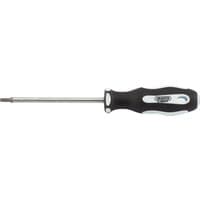 Black and silver Draper TX-STAR screwdriver, T10 x 75mm, with soft grip handle and chrome-plated shaft.