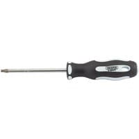 Black and white Draper TX-STAR screwdriver, T25 x 100mm, with soft grip handle and chrome-plated shaft.