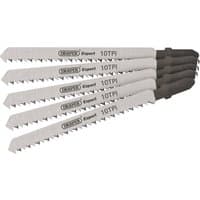 Draper Expert DT101B jigsaw blade set, 100mm, 5 silver blades with black bases, 10 TPI teeth, staggered arrangement