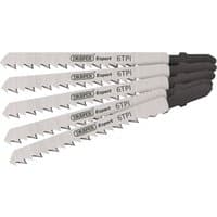 Draper Expert DT101D jigsaw blade set, 100mm, 5 silver blades with black shanks, 6 TPI for wood cutting.