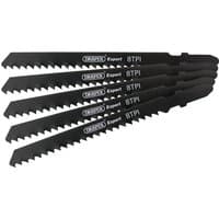 Black Draper Expert jigsaw blade set, 100mm, 5 pieces with 8 TPI teeth, stacked and angled, labeled with brand name.