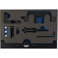 Black and silver Draper Expert Engine Timing Kit ETK134 with various metal tools in a foam-lined case.