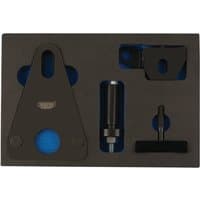 Black Draper Expert engine timing kit for Renault and Nissan, includes triangular plate, cylindrical tool, and bracket.