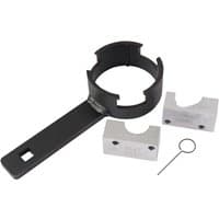 Black and silver Draper Expert engine timing kit with wrench, two metal blocks, and a small pin for Vauxhall, Saab.