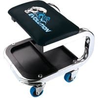 Black and silver Draper Expert work stool with storage, featuring blue wheels and "Evolution" logo on cushioned seat.