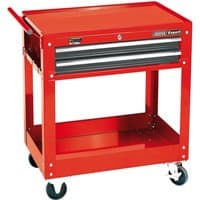 Red Draper Expert tool trolley with two drawers, side handle, and four wheels.