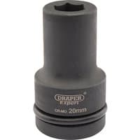 Black Draper Expert deep impact socket, 1" square drive, 20mm size, with HI-TORQ 6-point design and CR-MO marking.