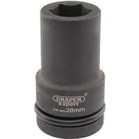 Black Draper Expert HI-TORQ deep impact socket, 1" square drive, 26mm size, with engraved branding and size details.