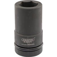 Black Draper Expert HI-TORQ deep impact socket, 1" square drive, 30mm size, with engraved branding and size details.