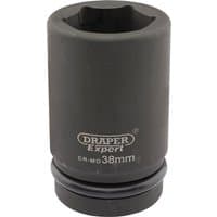 Black Draper Expert deep impact socket, 1" square drive, 38mm, with HI-TORQ 6-point design and branded text.