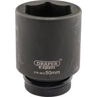 Black Draper Expert deep impact socket, 1" square drive, 50mm size, with HI-TORQ 6-point design and logo on side.