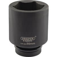 Black Draper Expert deep impact socket with 1" square drive, 55mm size, and HI-TORQ 6-point design.