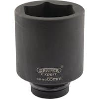 Black Draper Expert deep impact socket, 1" square drive, 65mm size, with HI-TORQ 6-point design and engraved logo.