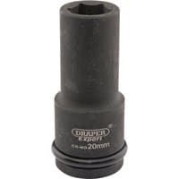 Black Draper Expert deep impact socket, 3/4" square drive, 20mm size, with HI-TORQ 6-point design and branded text.