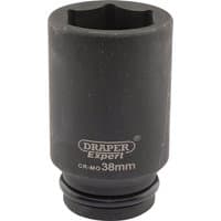 Black Draper Expert deep impact socket, 3/4" square drive, 38mm, with HI-TORQ 6-point design and engraved branding.