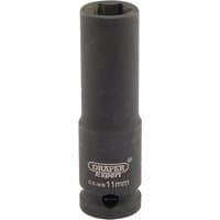 Black Draper Expert deep impact socket, 3/8" square drive, 11mm, with HI-TORQ 6-point design and logo on the side.