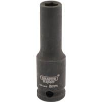 Black Draper Expert deep impact socket, 3/8" square drive, 8mm size, with HI-TORQ 6-point design and brand logo.