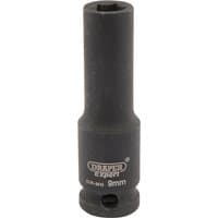 Black Draper Expert deep impact socket, 3/8" square drive, 9mm size, with HI-TORQ 6-point design and engraved branding.