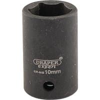 Black Draper Expert 10mm impact socket with 6-point design and 1/4" square drive, featuring engraved branding.