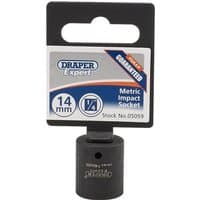 Black Draper Expert 14mm impact socket with 1/4" square drive, HI-TORQ 6-point design, attached to branded packaging.