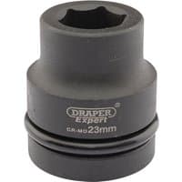Black Draper Expert HI-TORQ 6 Point Impact Socket, 1" Sq. Dr., 23mm, with engraved branding and size details.