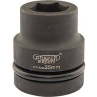 Black Draper Expert HI-TORQ 6 Point Impact Socket, 1" square drive, 25mm, with engraved branding and size details.