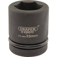 Black Draper Expert HI-TORQ 6 Point Impact Socket, 1" square drive, 33mm, with engraved branding and size details.