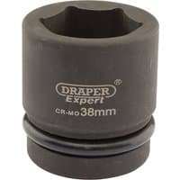 Black Draper Expert HI-TORQ 6 Point Impact Socket, 1" square drive, 38mm size, with engraved branding and size details.